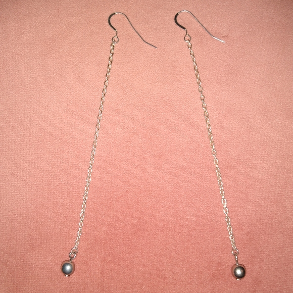 Solid 925 Sterling Silver Wires Long Chain Earrings Grey Pearl Minimalist New - Picture 6 of 9
